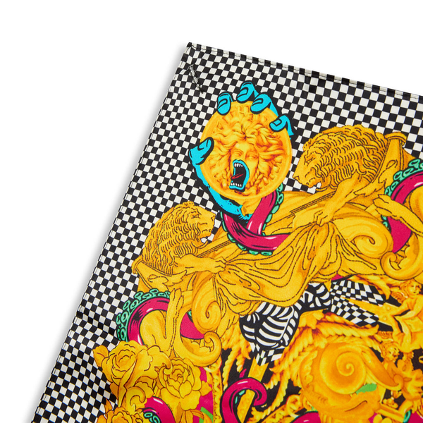 Corner detail of Eat Slime Silk Scarf by TEAMWORKS featuring Four-Corner Keyhole System