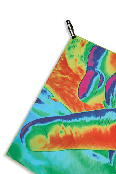 Detail view of Heat-Map Performance Towel by TEAMWORKS showing branded loop clip